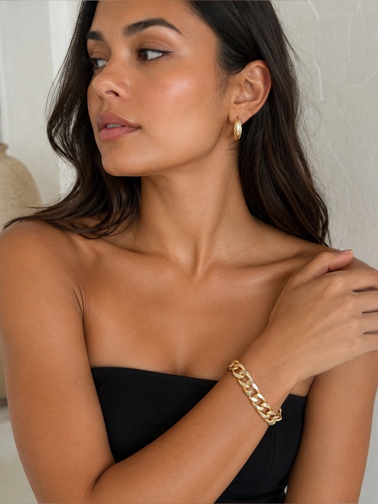 Jewelry - Vintage Gold-Tone Textured Hoop Earrings and Cuban Link Chain Bracelet Set
